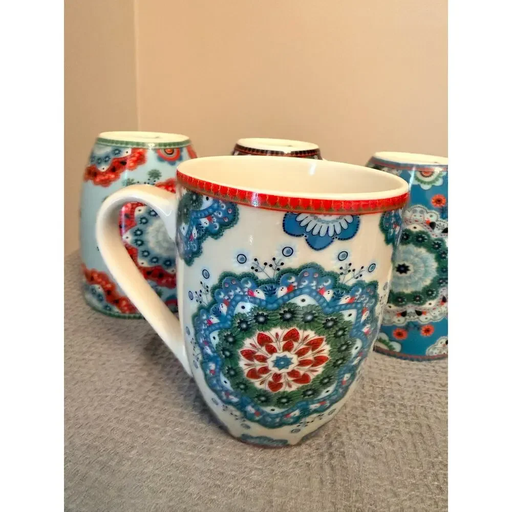 New Four Flanacom ceramic coffee mug featuring an oriental Boho design 10 OZ